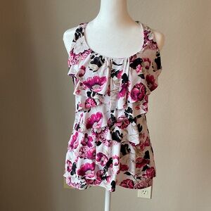 WHBM Floral Pink and Black Ruffle Top